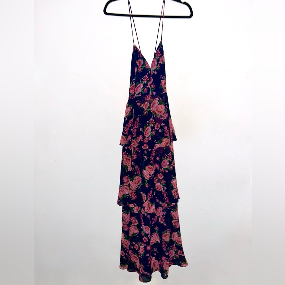 NWT Fame and Partners Navy Blue & Pink Floral Print Tiered Maxi Dress